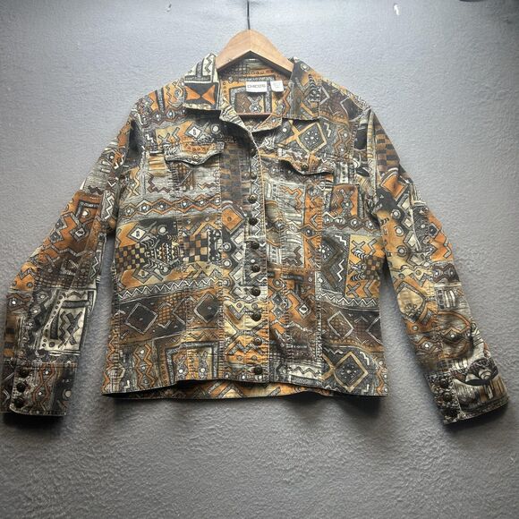 Y2K Chicos Jacket Womens Small Brown Rust Aztec Geometric Corduroy Buttons 90s - Picture 2 of 12